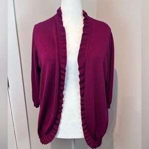 Lety & Me Burgundy Ruffle Open Front Cardigan Sweater Plus Size 3X